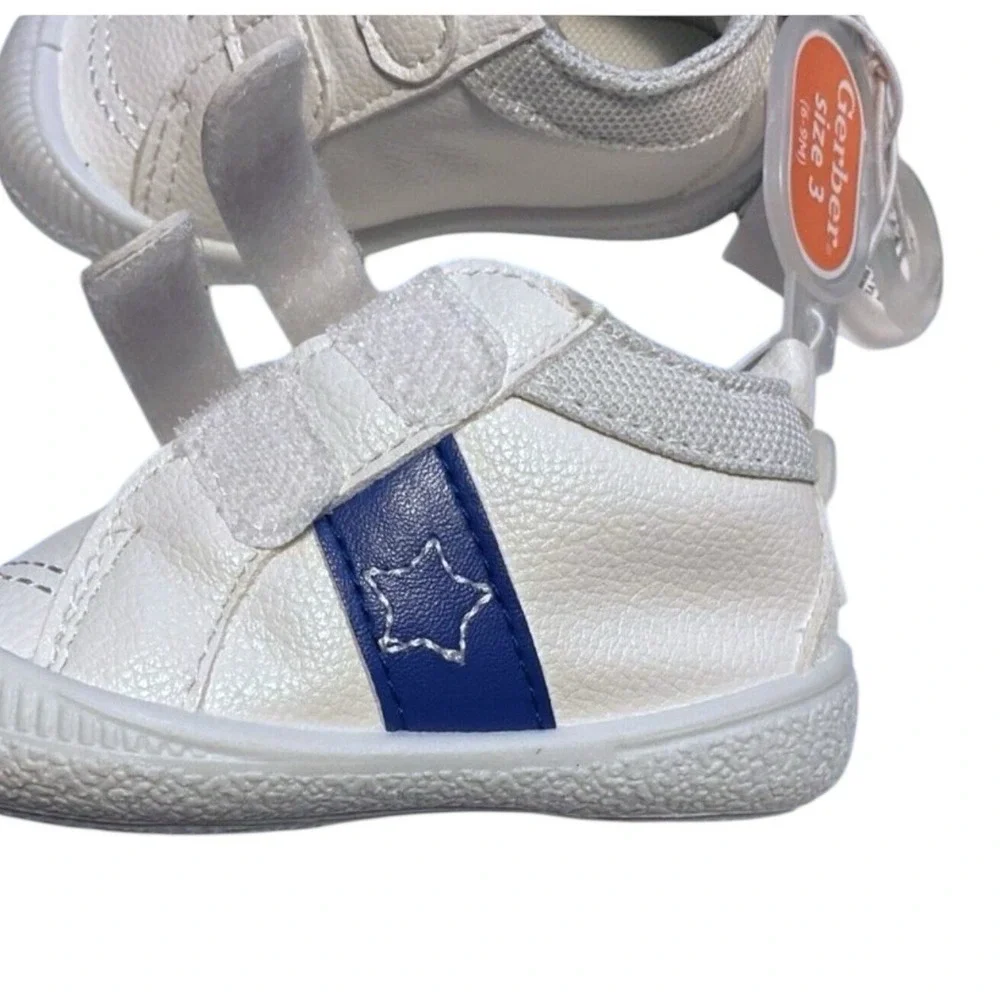 Gerber White Sneakers Size 3 (6-9 months) Blue Stars Kids Shoes‎ Hook & Loop